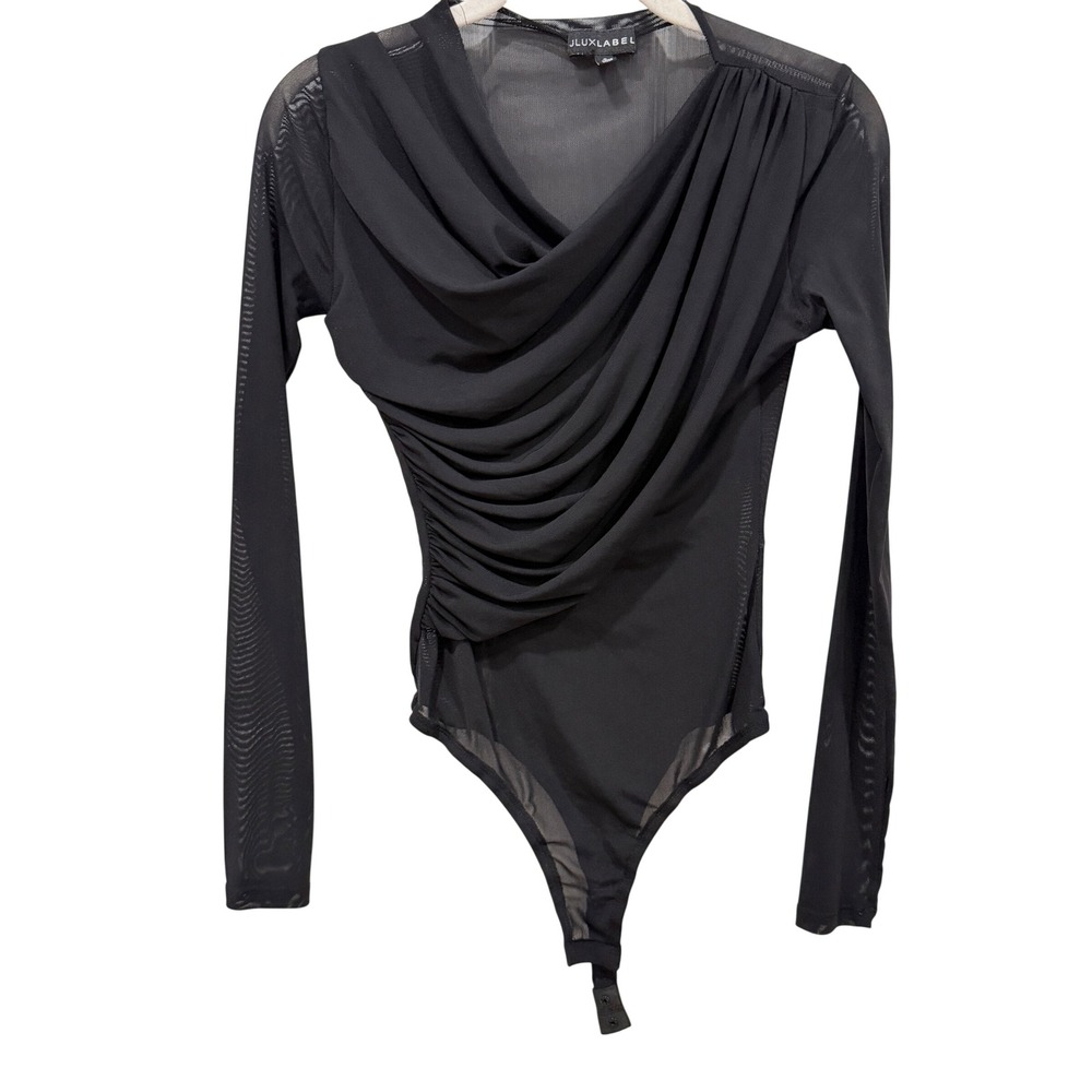 JLUXLABEL Womens Black Ruched Cowl Neck Mesh Long Sleeve Bodysuit Small